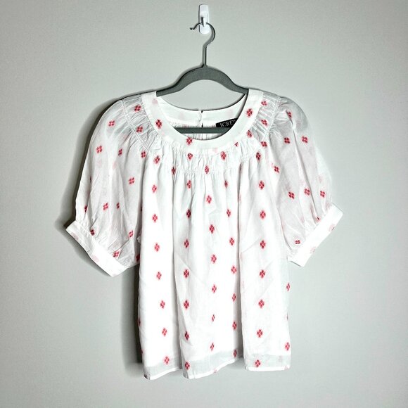 J. Crew Cotton Smock Neck Puff Sleeve Dot Top in White Red Granola Girl Sz Med - Picture 4 of 8